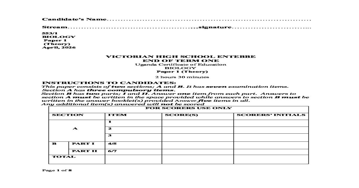 Biology S.4 End of Term 1 Exam Paper - Uganda National Examinations Board (UNEB)
