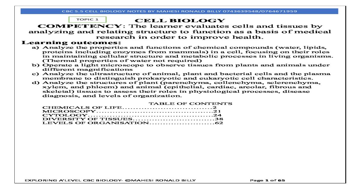 CBC S.5 Cell Biology Notes by Mahesi