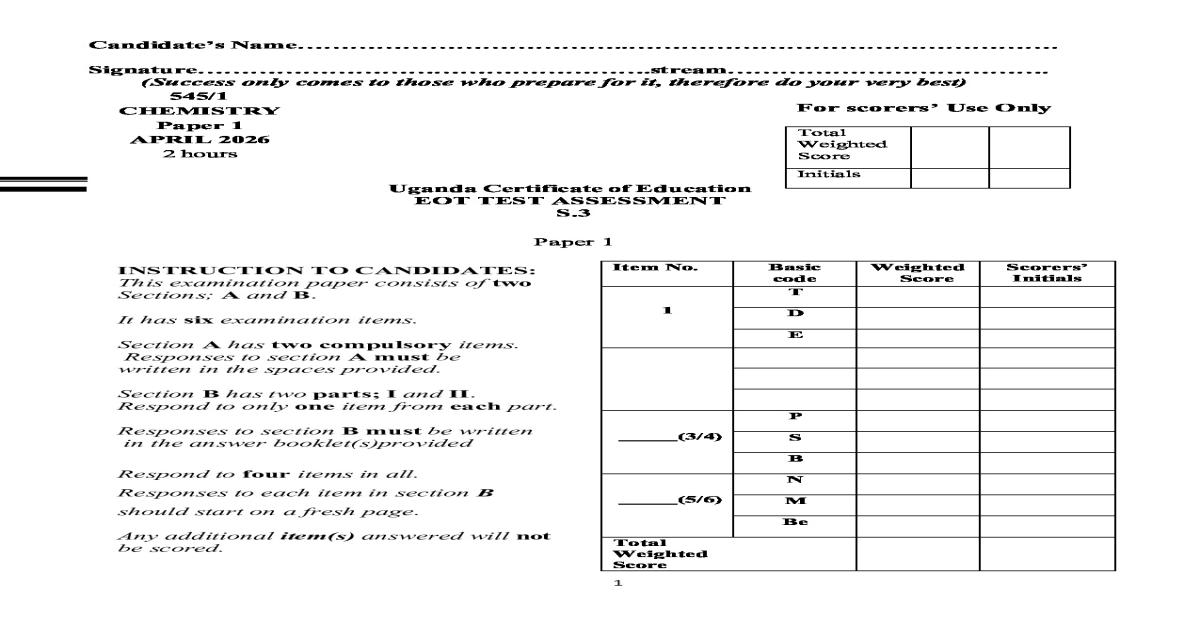 S.3 Chemistry Paper 1 - Term 1 (2026) | UNEB Uganda
