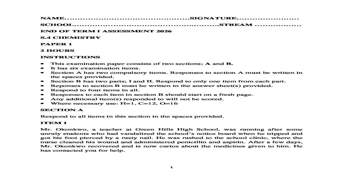Senior 4 (S4) Chemistry Term 1 Exam Paper