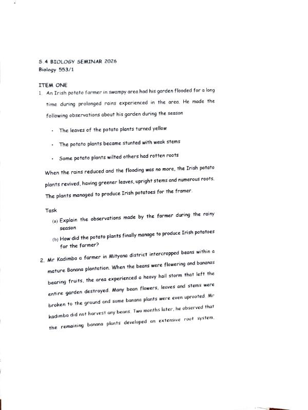 S.4 Biology Seminar Questions by Tr Musa - UNEB CBC Preparation