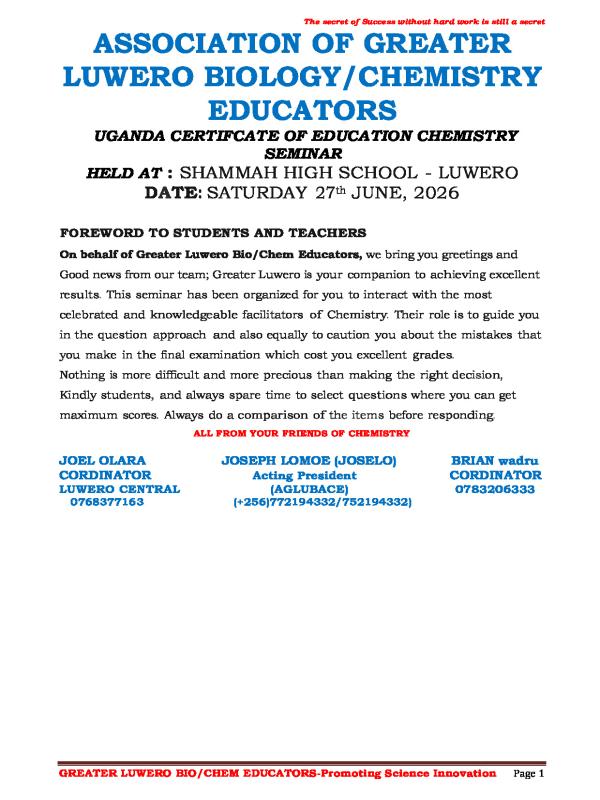 Greater Luwero O-Level Chemistry CBC Educators Seminar Materials - June 27, 2026