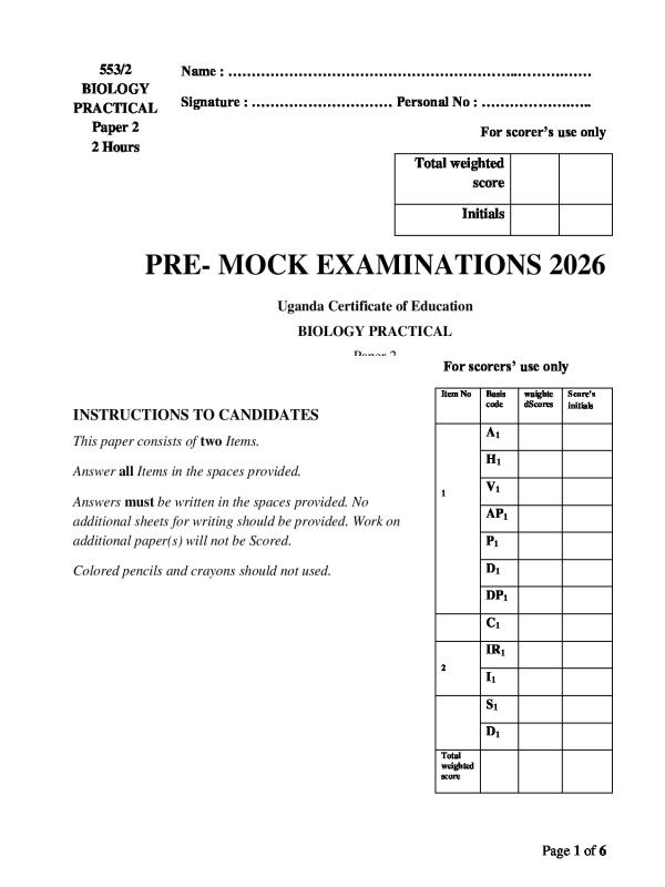 Senior 4 Biology Paper 2 Pre-Mock Examination 2026