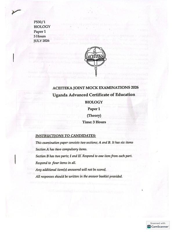 S.6 ACEITEKA Biology Paper 1 2026