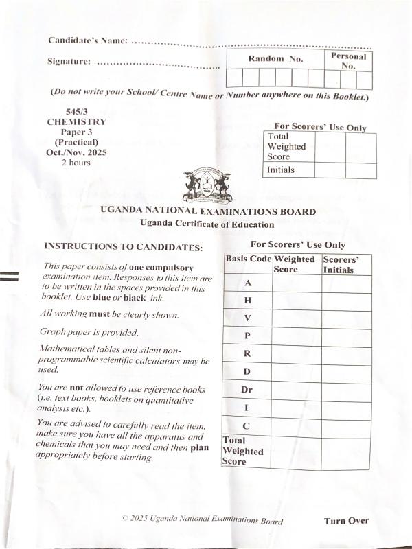 UNEB UCE Chemistry Paper 3 2025