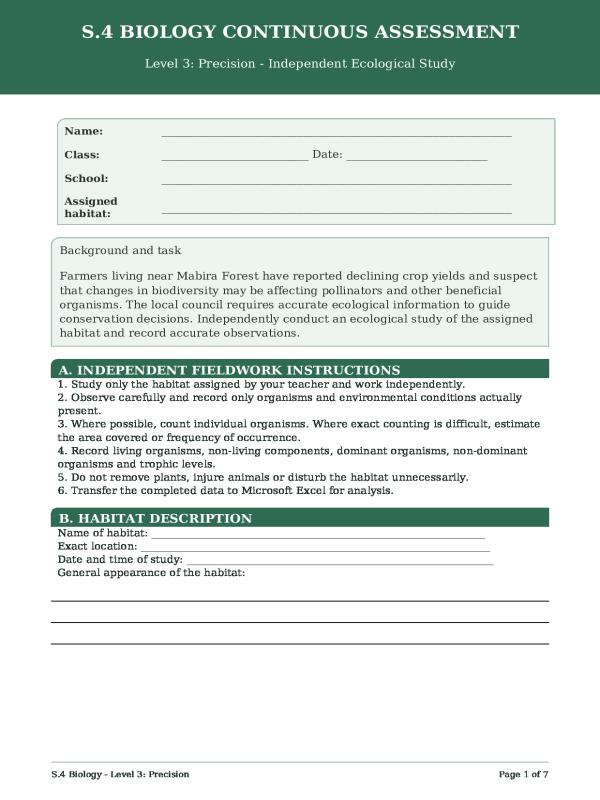 S.4 Biology Continuous Assessment Item - Level 3