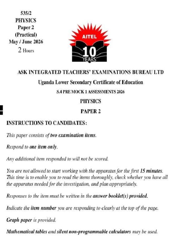 Senior 4 Physics Mock Examination Paper 2026