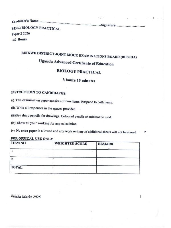 UACE BUSSHA Biology Paper 2 2026