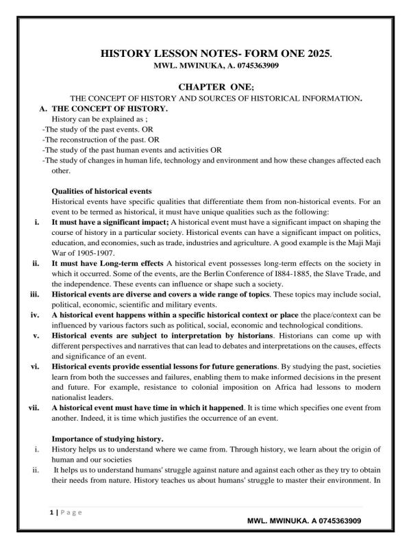 Senior 1 History Complete Lesson Notes by Mwinuka