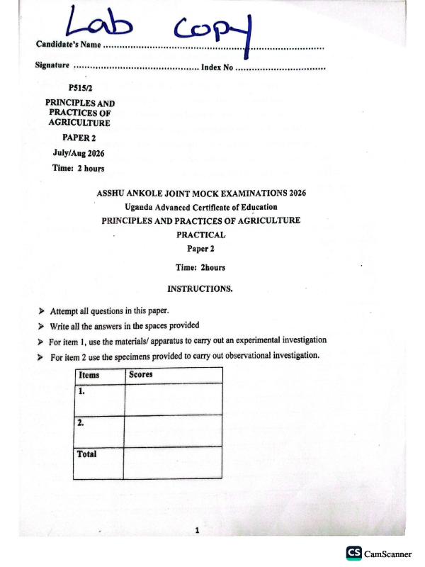 UACE Agriculture Paper 2 (Practical) - Wakissha Mock Exam 2026