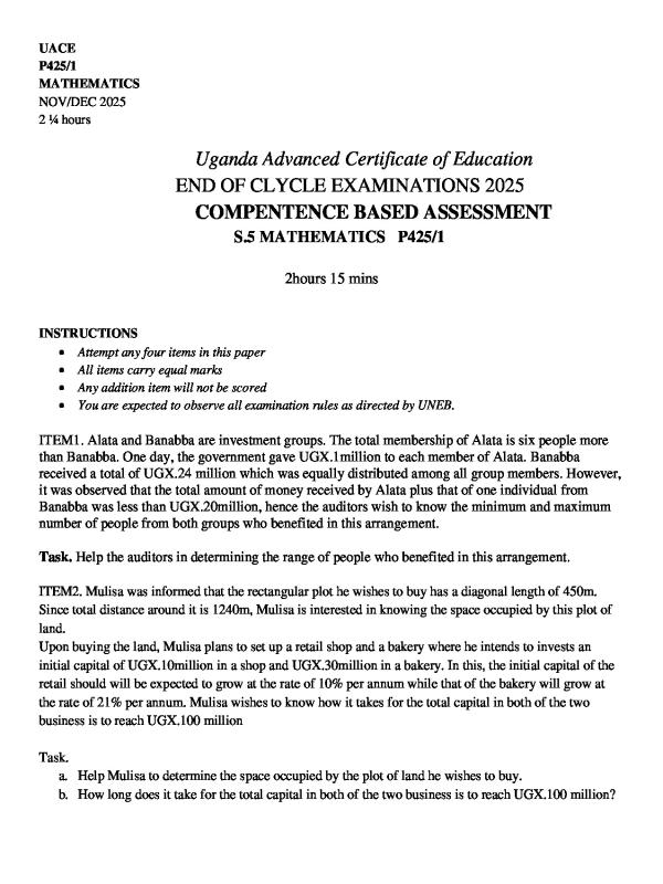 S.5 Mathematics End of Term 3 Examination Paper One