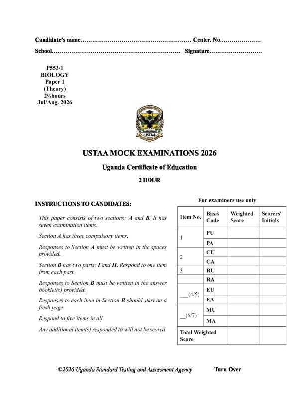 USTAA S.4 Mock Biology Examination Paper