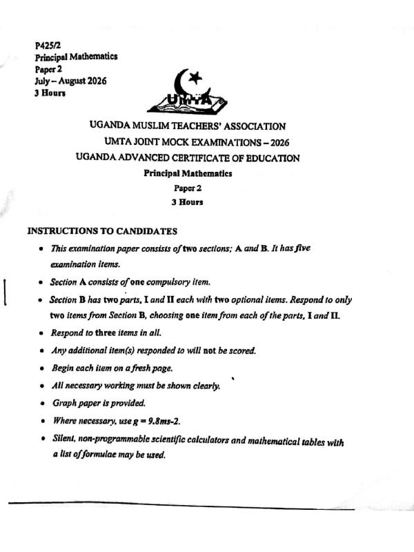 UMTA UACE Mock Principal Mathematics Paper 2 - 2026