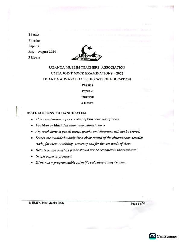 UACE Physics Paper 2 Past Paper - Uganda National Examinations Board (UNEB)