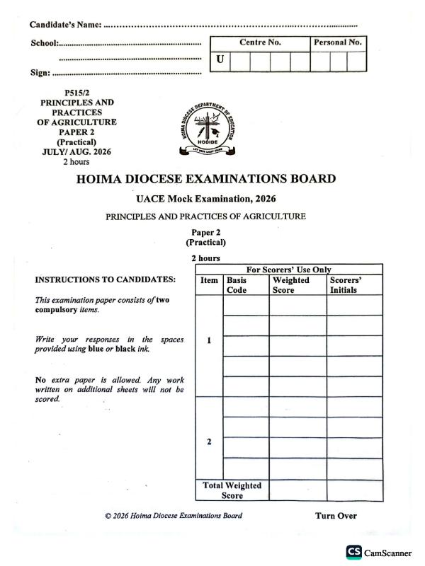 Hoima District A-Level Agriculture Paper 2 (2026)
