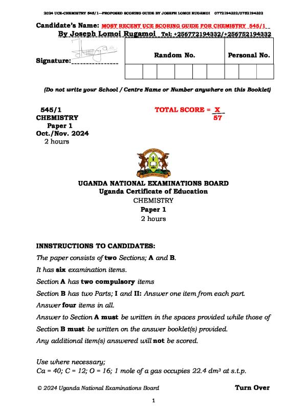 UNEB Chemistry 2024 Proposed Scoring Guide