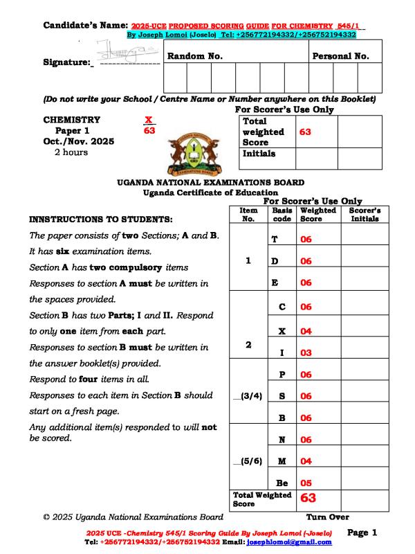 Proposed Scoring Guide for UCE Chemistry 2025