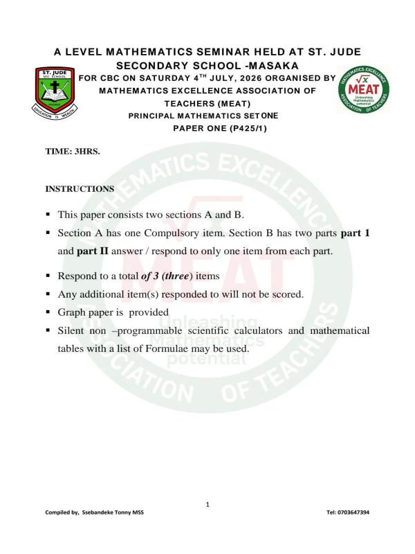 Masaka A Level Math Seminar 2026 - St. Jude SS