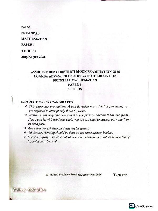 UACE Mathematics Paper 1 (MTC 1) Mock Exam 2026 - ASSHU Bushenyi