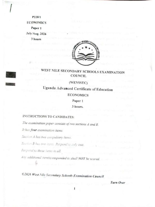 Senior Six Economics Paper 1 WENSSEC Mock Examinations 2026