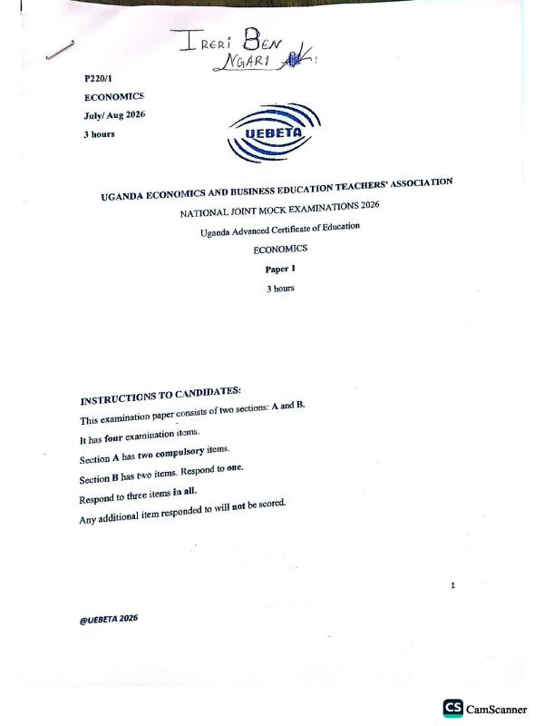 Senior Six Economics Paper 1 UEBETA Mocks 2026