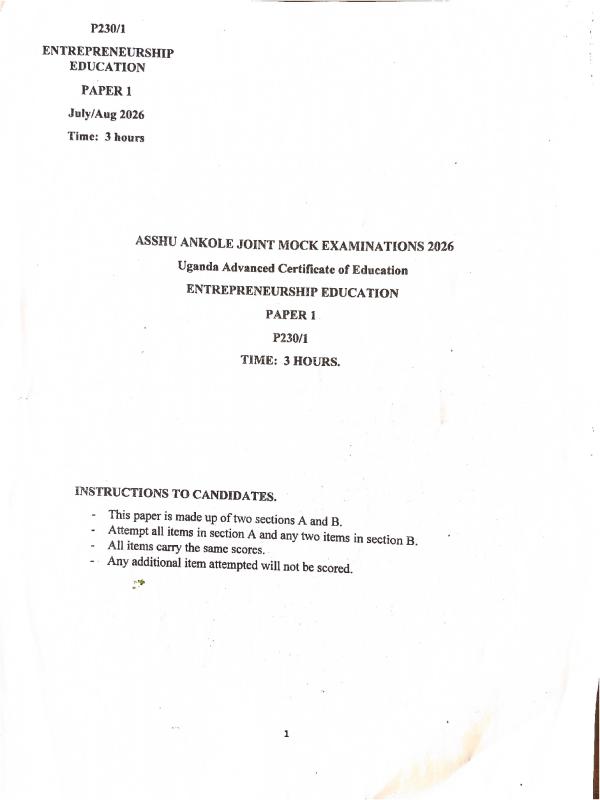 S6 Entrepreneurship Mock Exams 2026 - Ankole Region