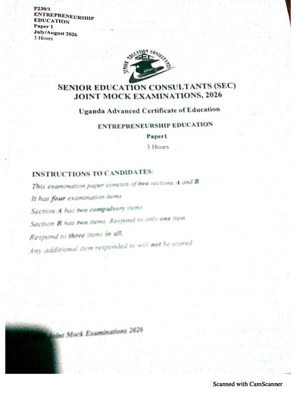 S.6 Entrepreneurship Paper 1  SEC Mock Exams 2026
