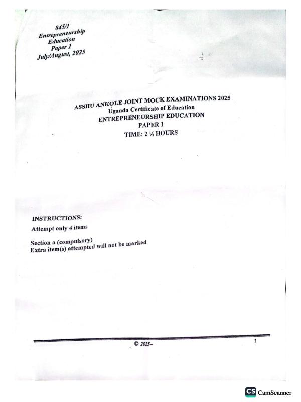 Senior 4 Entrepreneurship ASSHU Mock Exam 2025