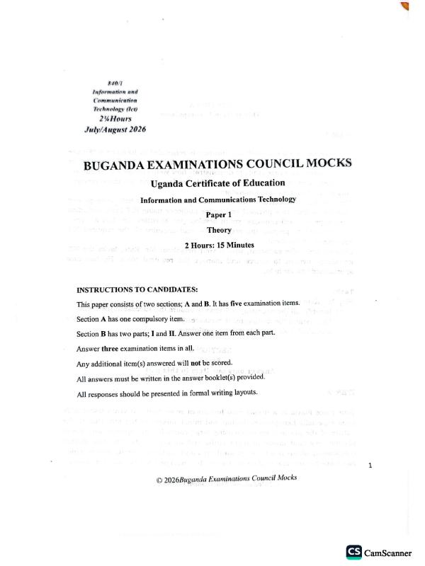 UCE S4 ICT Buganda Joint Mock Exam Paper 1