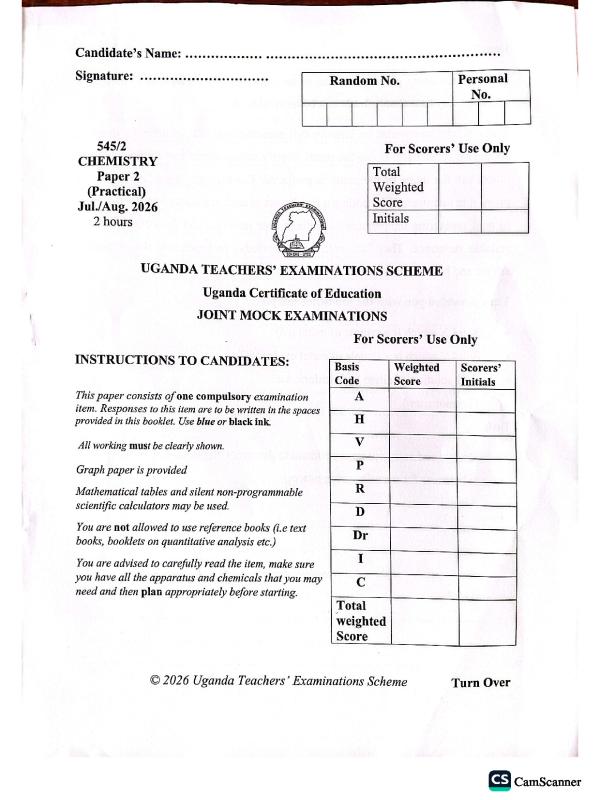 UTES UCE Chemistry Mock Exam 2026