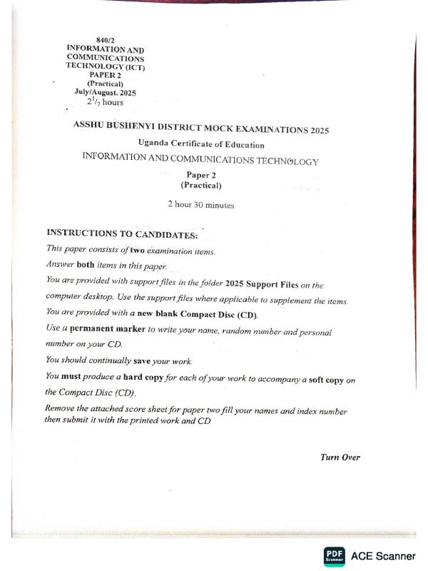UCE ASSHU Mock ICT Paper 2 2025 Examination