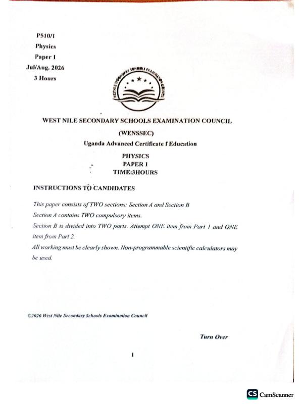 S6 Physics Paper 1 WENSEC Joint Mock Examinations 2026