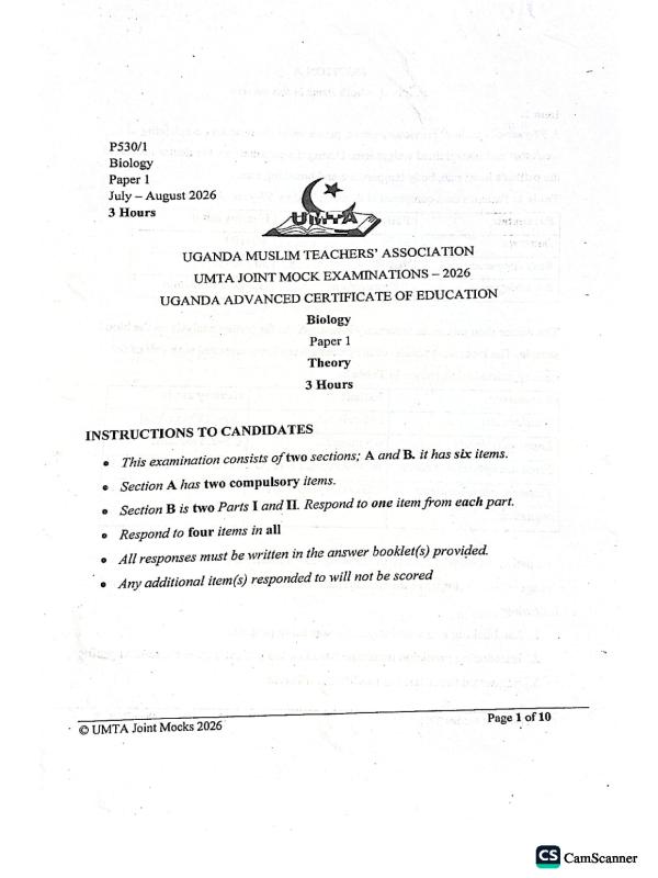 UACE UMTA Biology Paper 1 Revision Past Paper