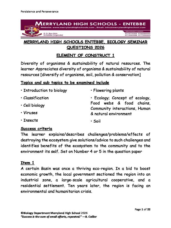 UACE Biology Seminar Items - Merryland High School