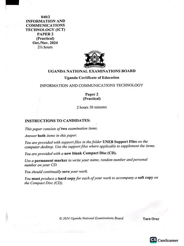 UNEB UCE ICT Paper 2 Past Paper 2024