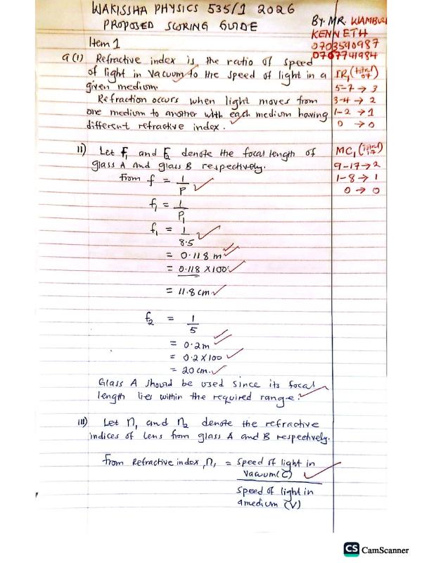 Physics Paper 1 Wakissha Proposed Score Guide 2026