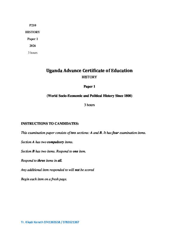 S6 History Paper 1 Mock Examination 2026