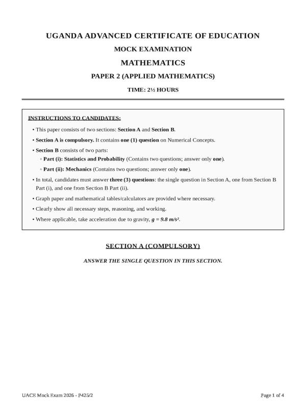 UNEB Mathematics Paper 2 Mock Examination 2026