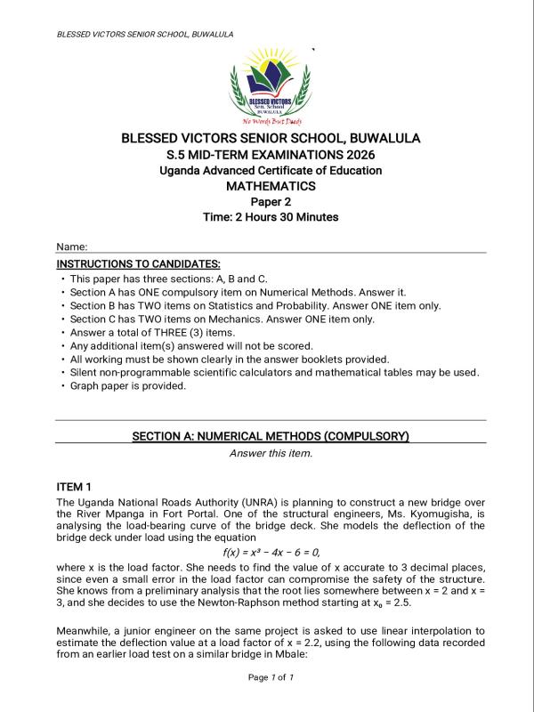 Senior Five (S5) Midterm Mathematics Paper 2 Exam