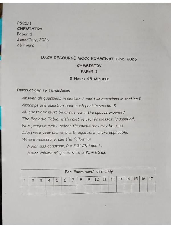 UACE Chemistry Paper 1 Mock Examination 2026 - UNEB Revision Resource