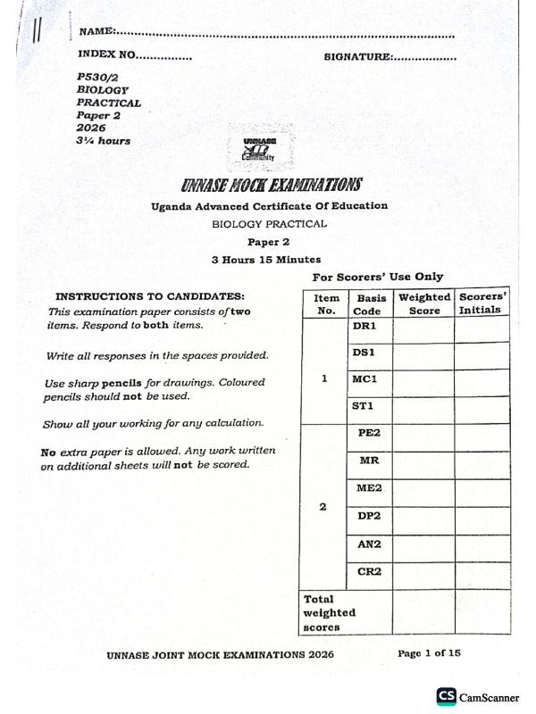 UACE UNNASE Biology Paper 2 Mock Exams - Uganda National Examinations Board (UNEB)
