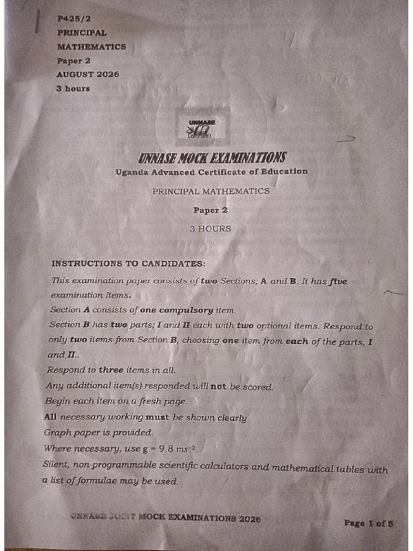 Senior 6 Mathematics Paper 2 UNNASE Mock Examination 2026