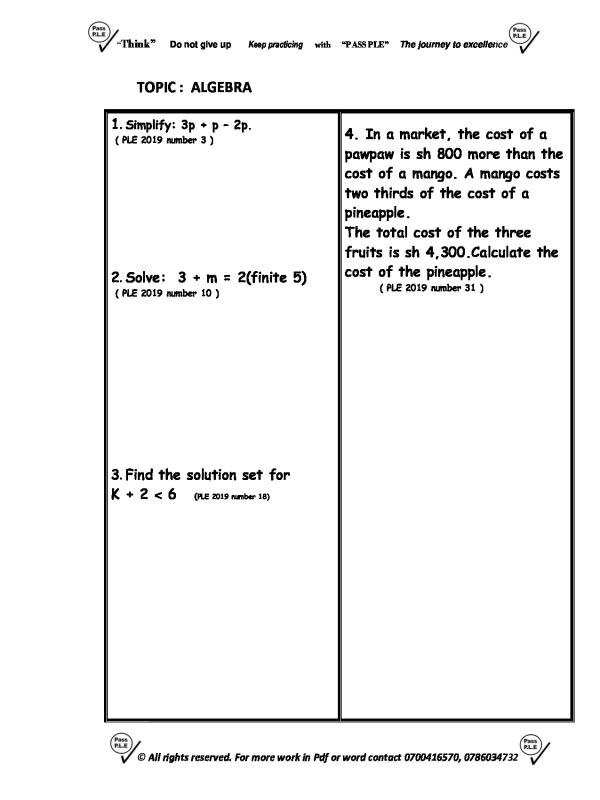 UNEB PLE Algebra Past Questions