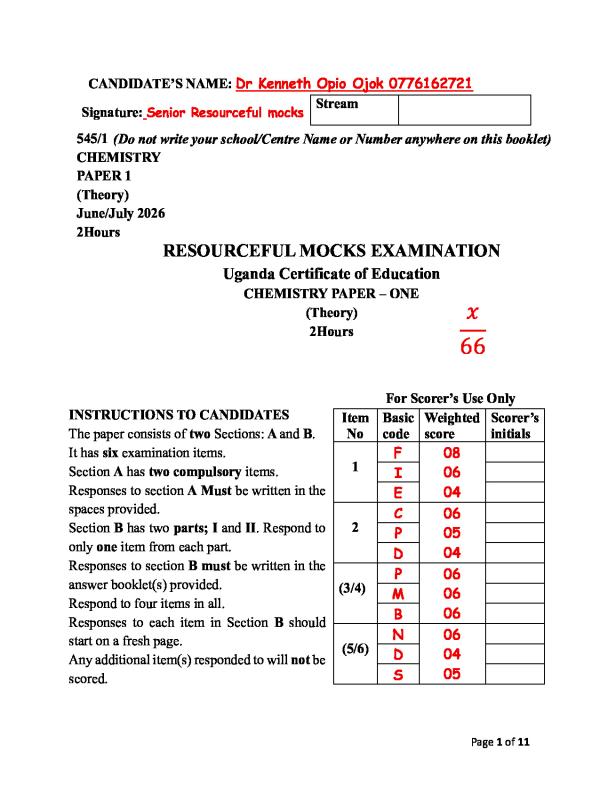 UCE Chemistry Resourceful Mock Exam Score Guide & Marking Scheme