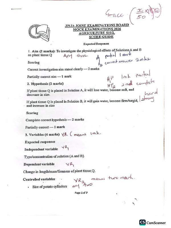 UNEB Agriculture Paper 1 & 2 Marking Guide 2026