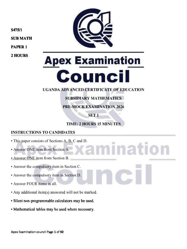 UNEB Subsidiary Mathematics Pre-Mock Exam Practice Questions 2026