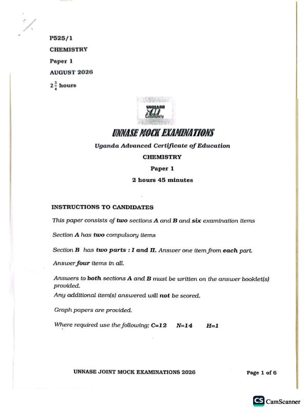 A-Level Chemistry UNNASE Mock Paper 1 (CBC 2026)