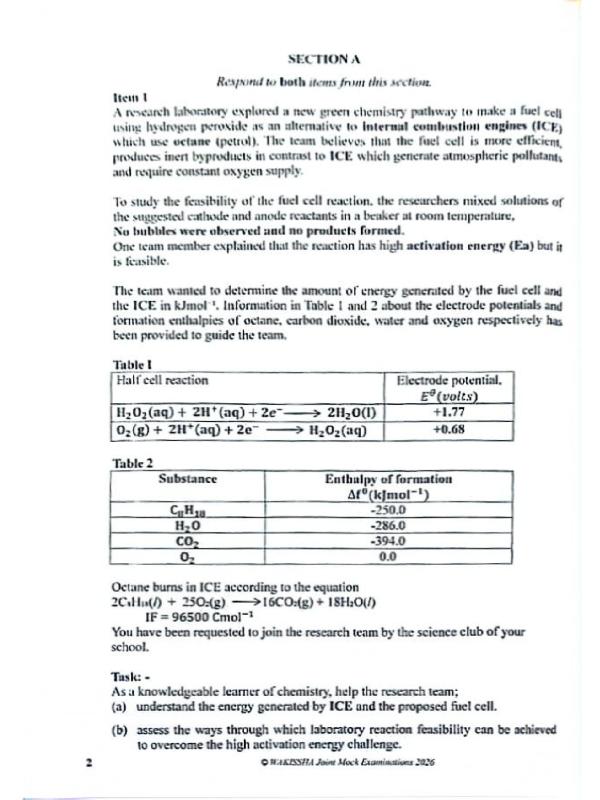 Waskissha A-Level Chemistry Paper One CBC 2026