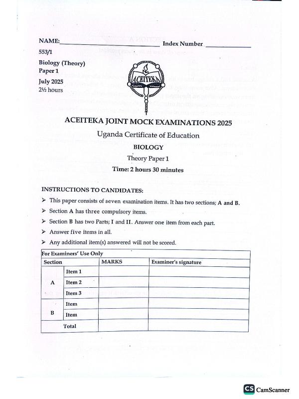 Aceiteka Mock Biology Paper 1 2025