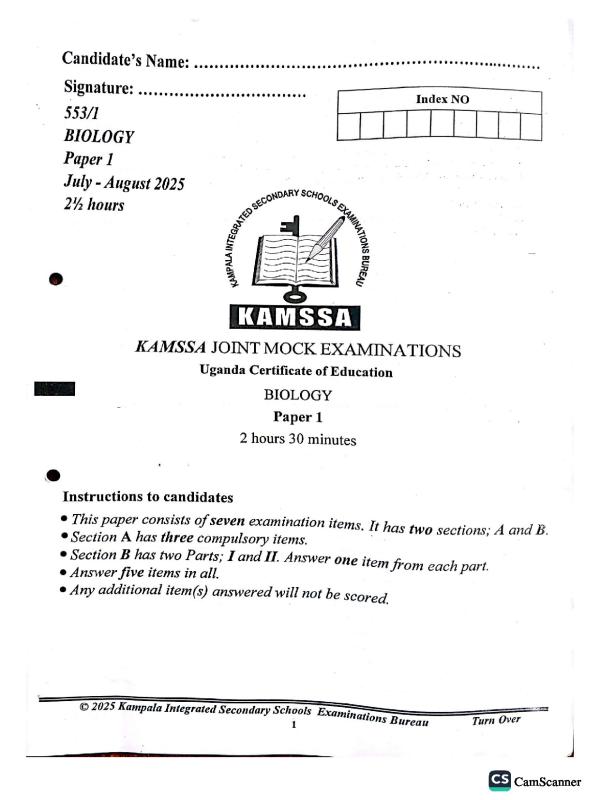 KAMSSA UCE Mock Biology Paper 1 2025